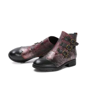CrazycatZ Womens  Boots Bohemian Block Heels Leather Boots Colorful Leather Ankle Boots Black