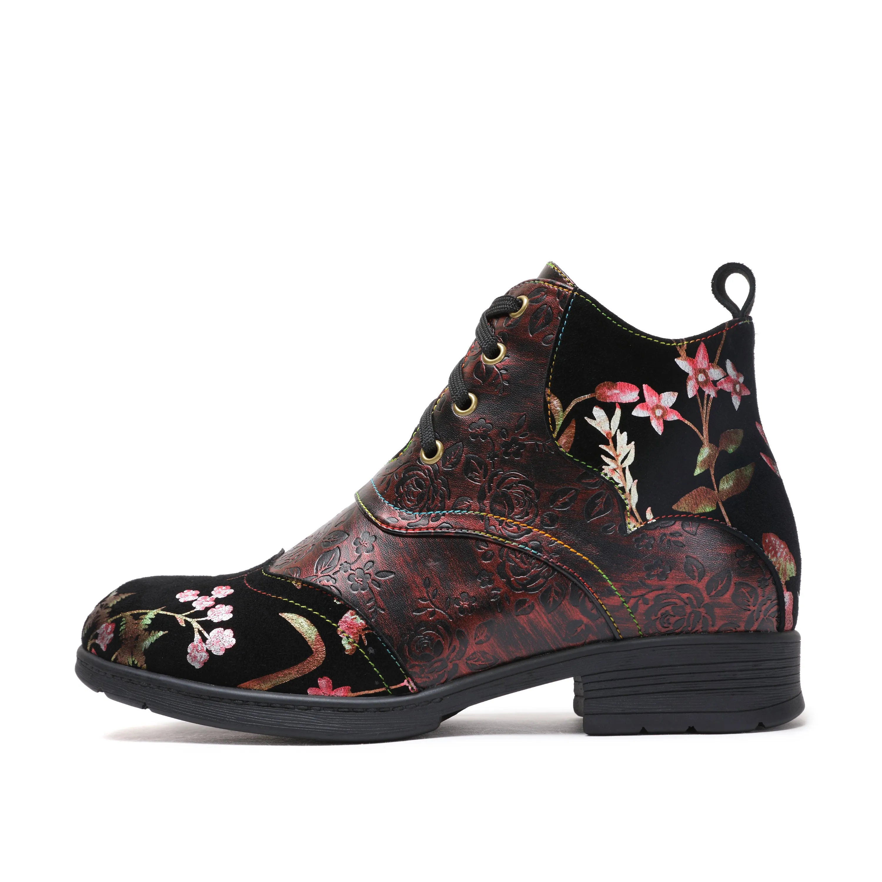 CrazycatZ Womens Leather Ankle Boots Bohemian Sporty Colorful Leahter Boots Red Floral