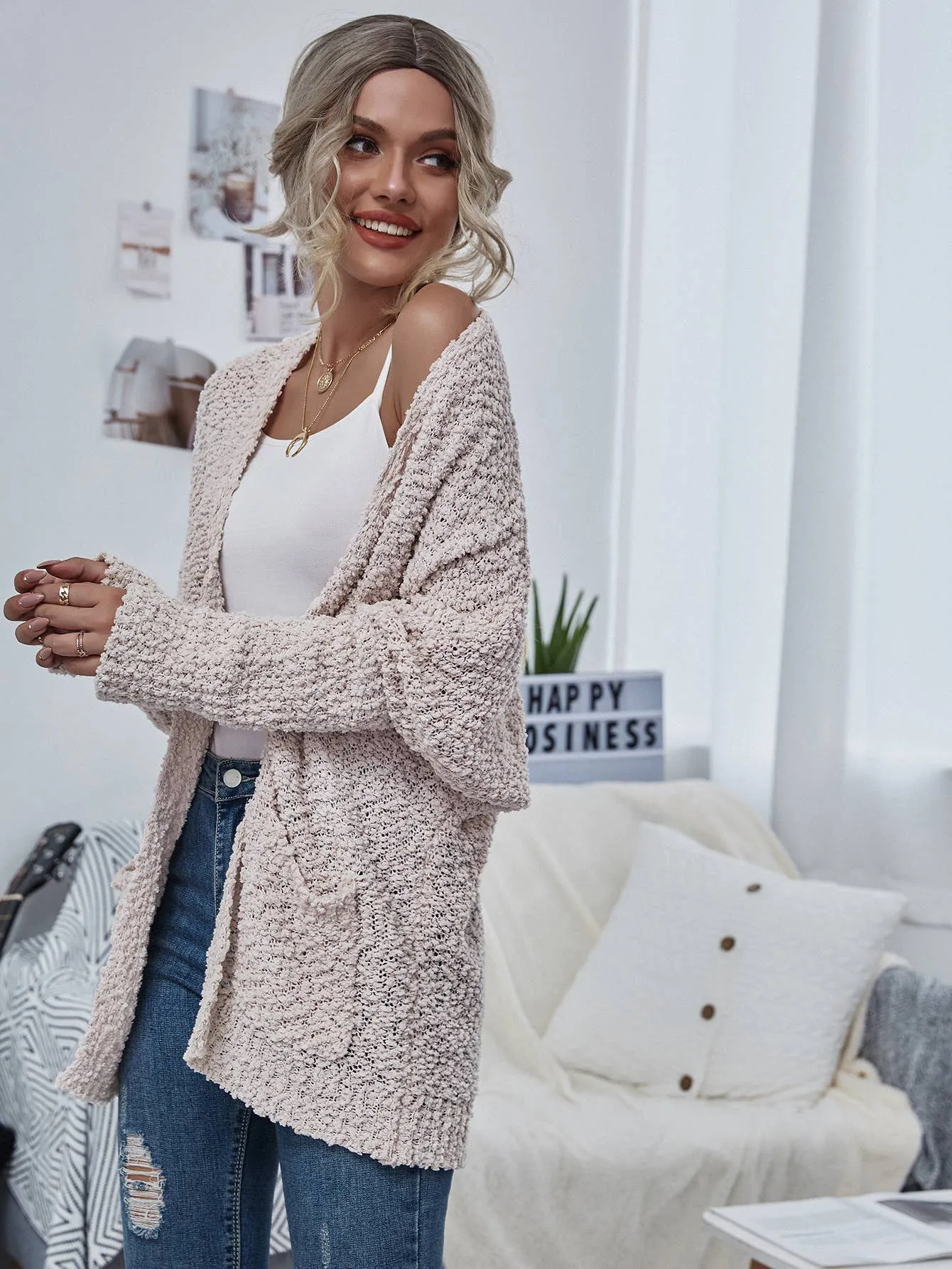 Cream Chunky Knit Open Cardigan With Pockets
