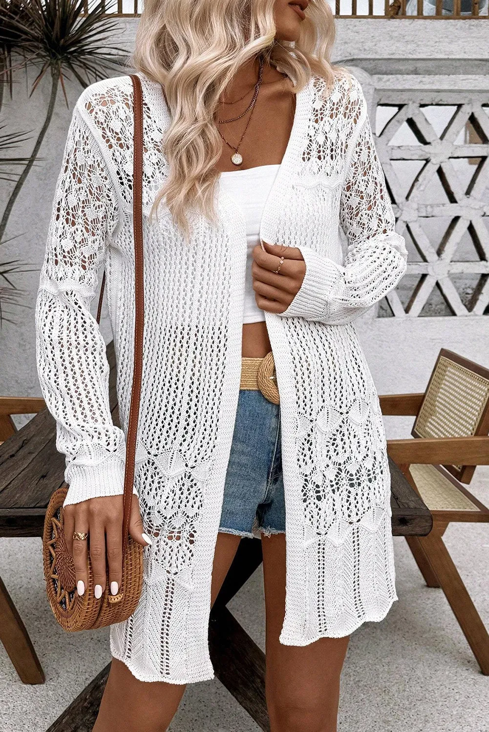 Crochet Hollow Out Open Front Cardigan