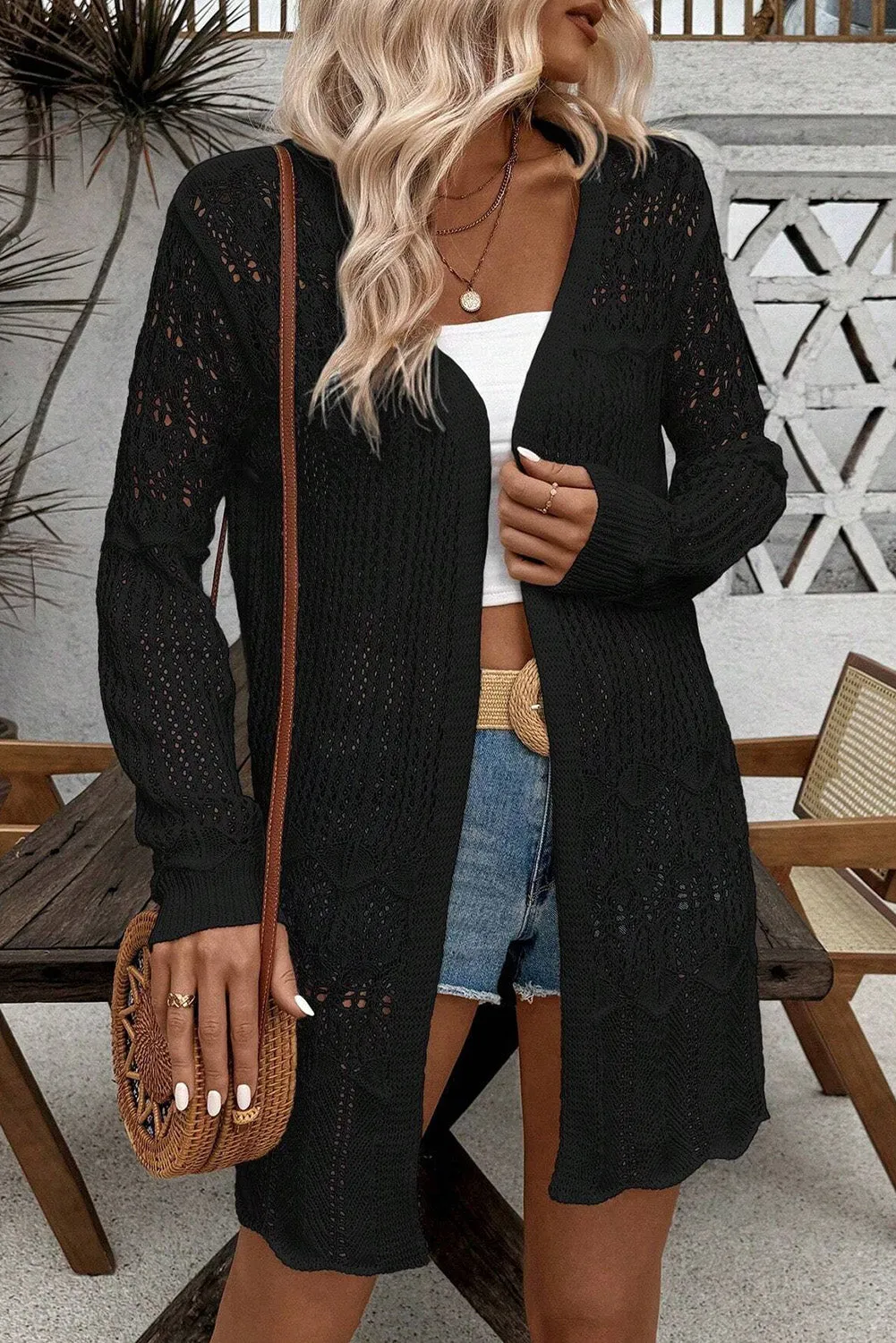 Crochet Hollow Out Open Front Cardigan