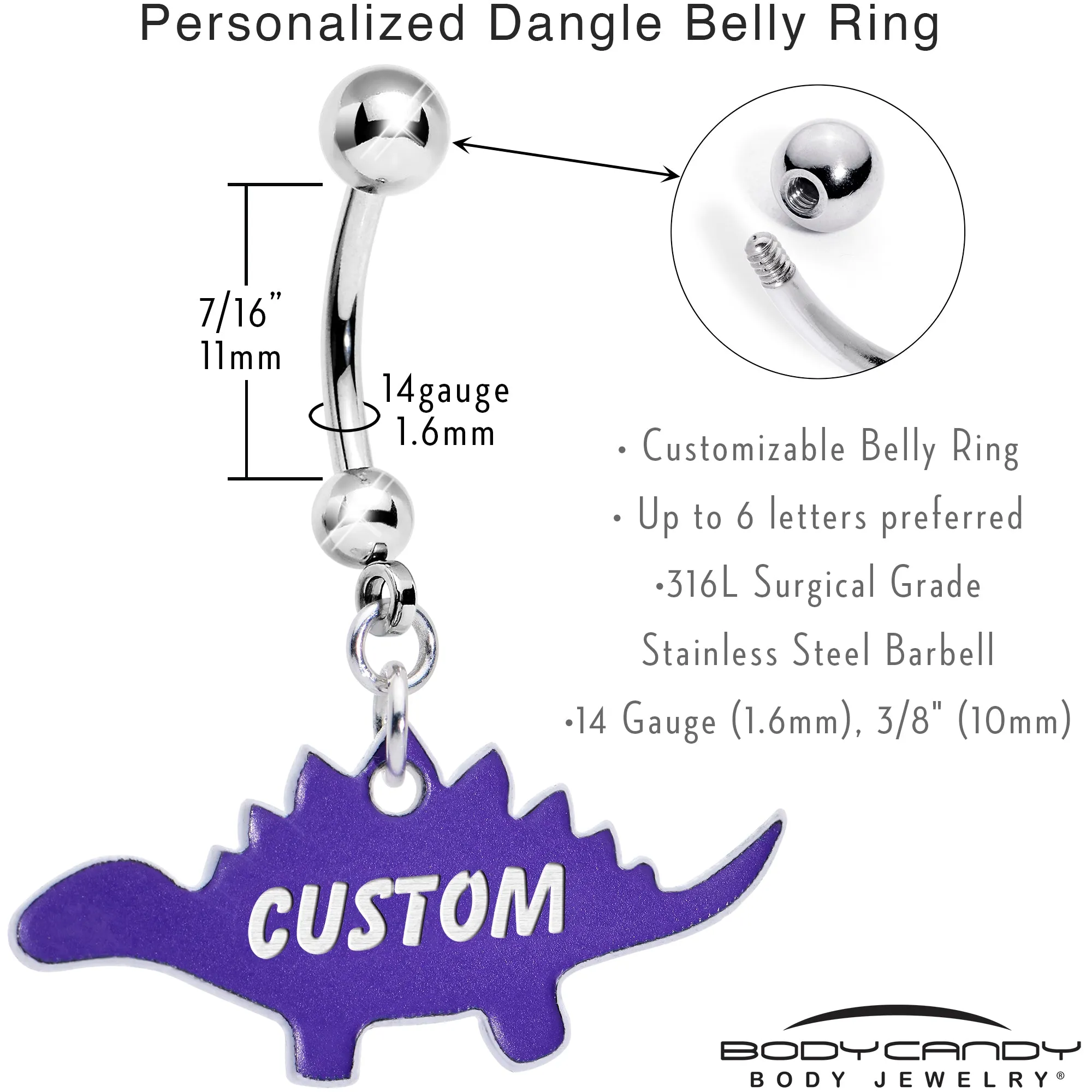 Custom Purple Stegosaurus Dinosaur Personalized Dangle Belly Ring