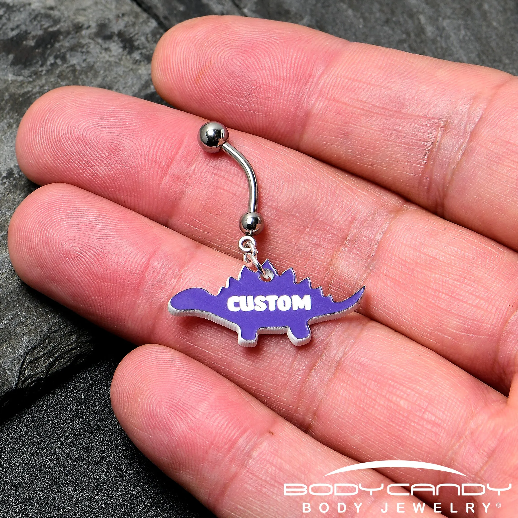 Custom Purple Stegosaurus Dinosaur Personalized Dangle Belly Ring