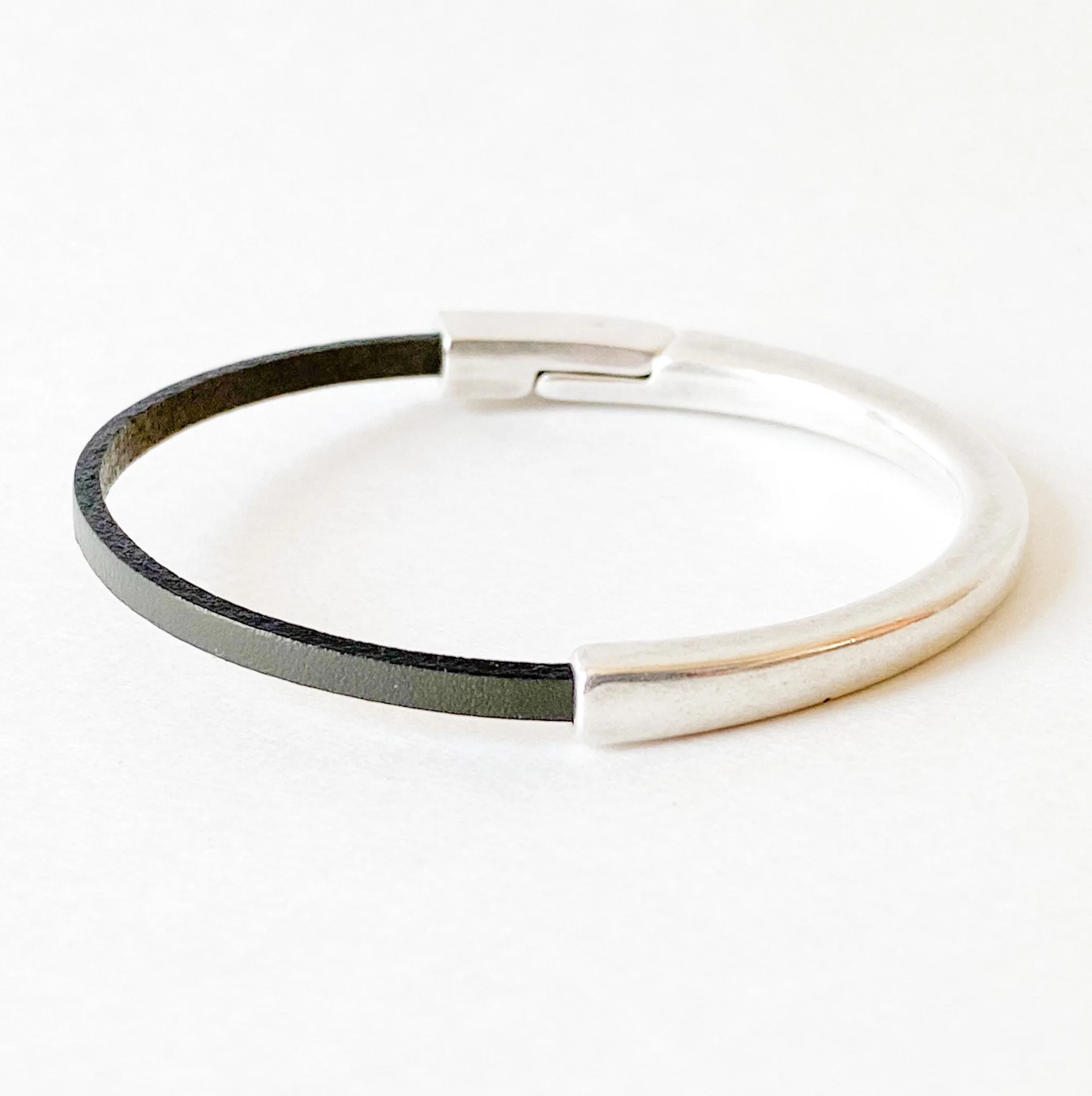 Dark Gray Thin Leather Bracelet for Women with Silver Half Cuff Magnetic Clasp