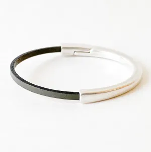 Dark Gray Thin Leather Bracelet for Women with Silver Half Cuff Magnetic Clasp