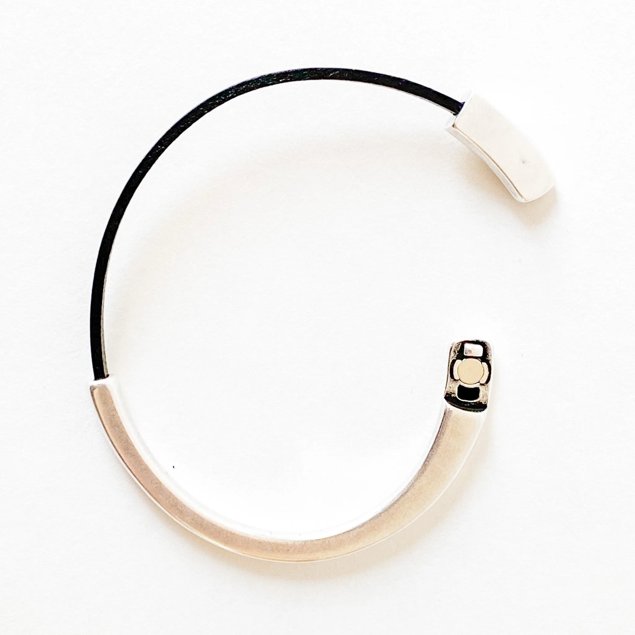 Dark Gray Thin Leather Bracelet for Women with Silver Half Cuff Magnetic Clasp