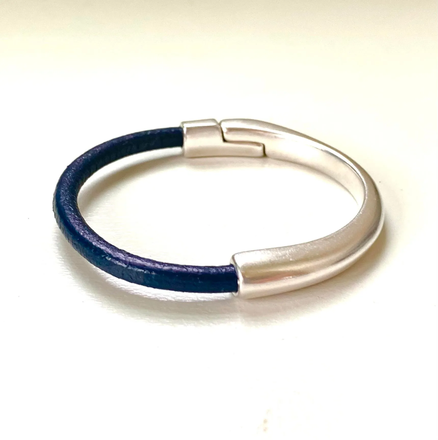 Dark Navy Blue Leather and Silver Bracelet for Women, Medium Width