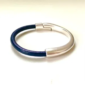 Dark Navy Blue Leather and Silver Bracelet for Women, Medium Width
