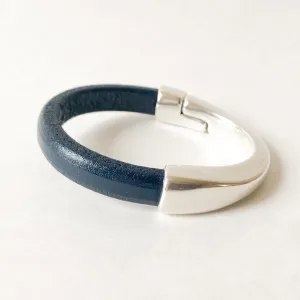 Dark Navy Thick Leather Bracelet for Women with Silver Half Cuff Magnetic Clasp