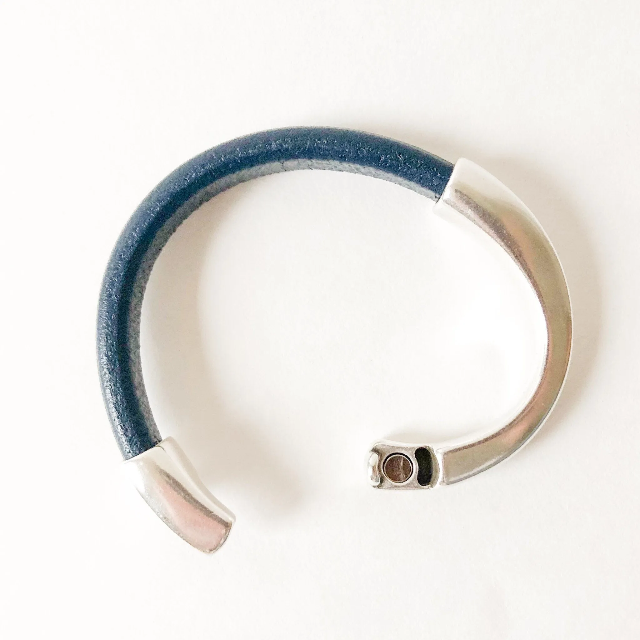 Dark Navy Thick Leather Bracelet for Women with Silver Half Cuff Magnetic Clasp