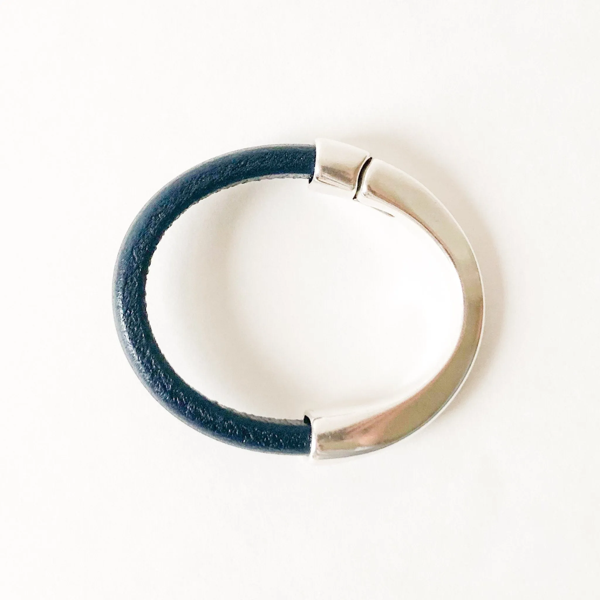 Dark Navy Thick Leather Bracelet for Women with Silver Half Cuff Magnetic Clasp