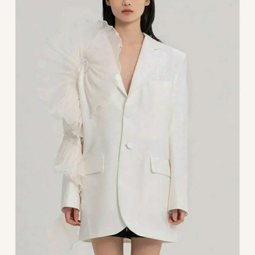 DEAT 2023 Summer Women's Blazer New Fashion Neothed Loose Single Breatsed Long Sleeve Spliced Mesh Elegant Suit jackets WV10000S