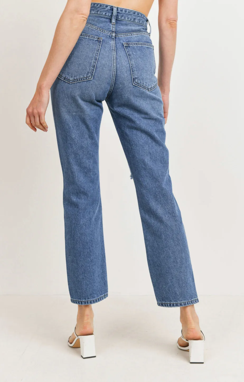 Denim High Rise Distress Straight Leg Jeans