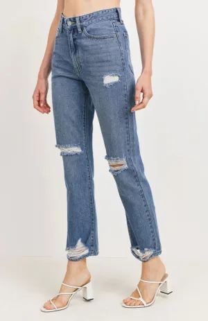 Denim High Rise Distress Straight Leg Jeans
