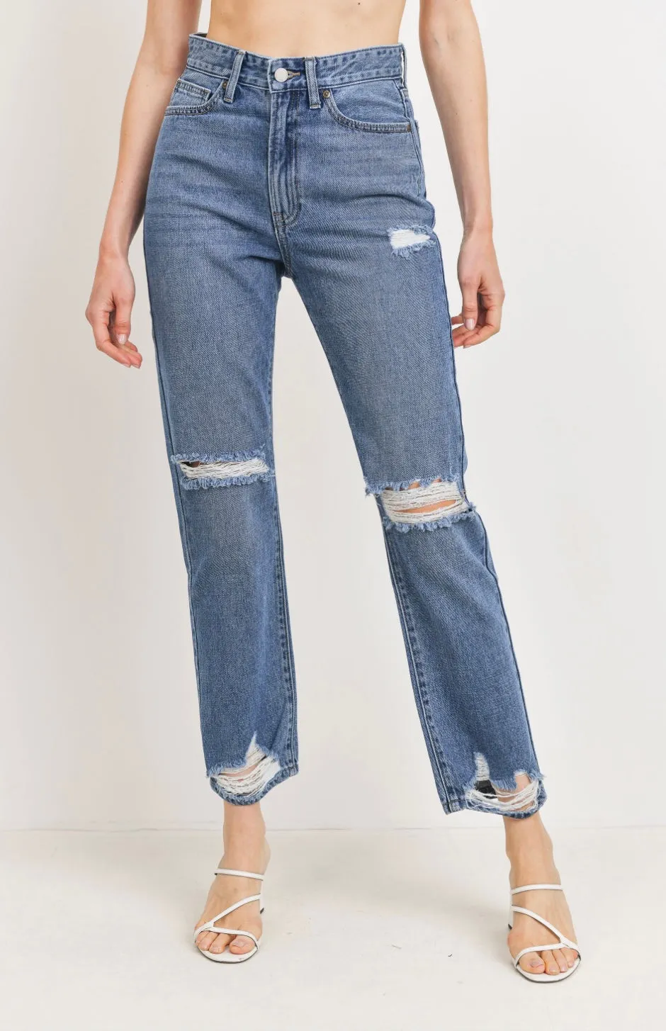 Denim High Rise Distress Straight Leg Jeans