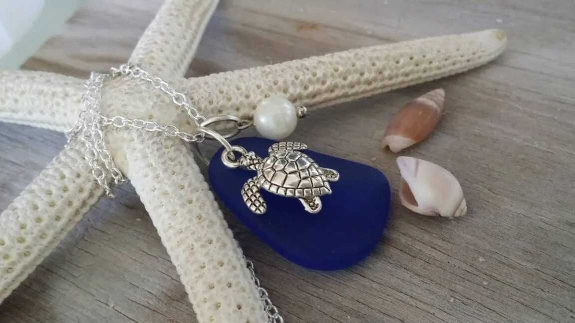 Design and handmade in Hawaii, Cobalt blue sea glass necklace, Sea turtle charm, Natural Pearl, "September Birthstone"
