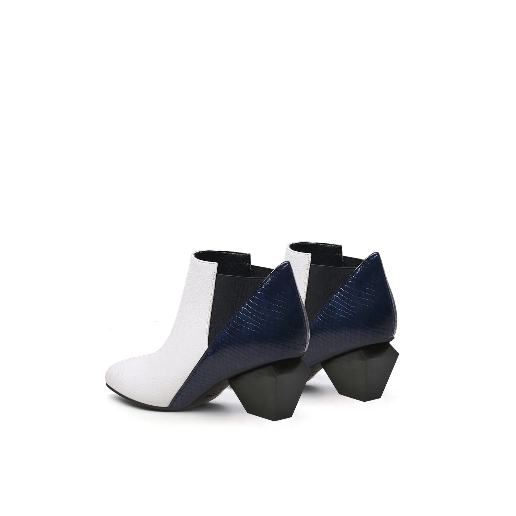 Diamond Heel Leather Ankle Bootie - White
