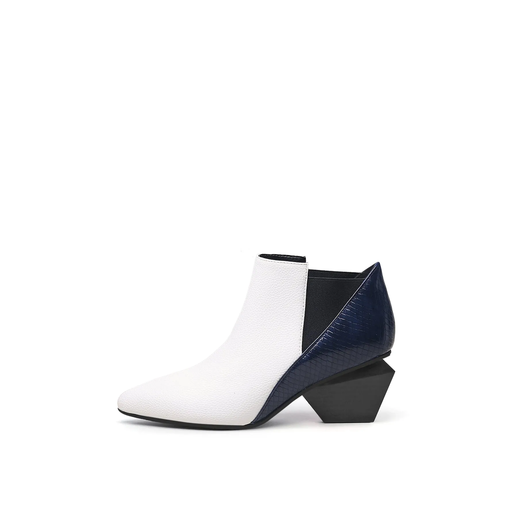 Diamond Heel Leather Ankle Bootie - White