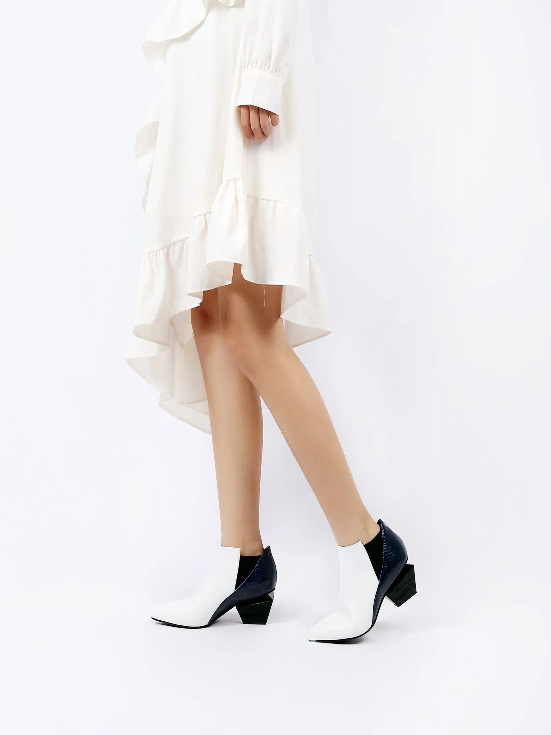 Diamond Heel Leather Ankle Bootie - White