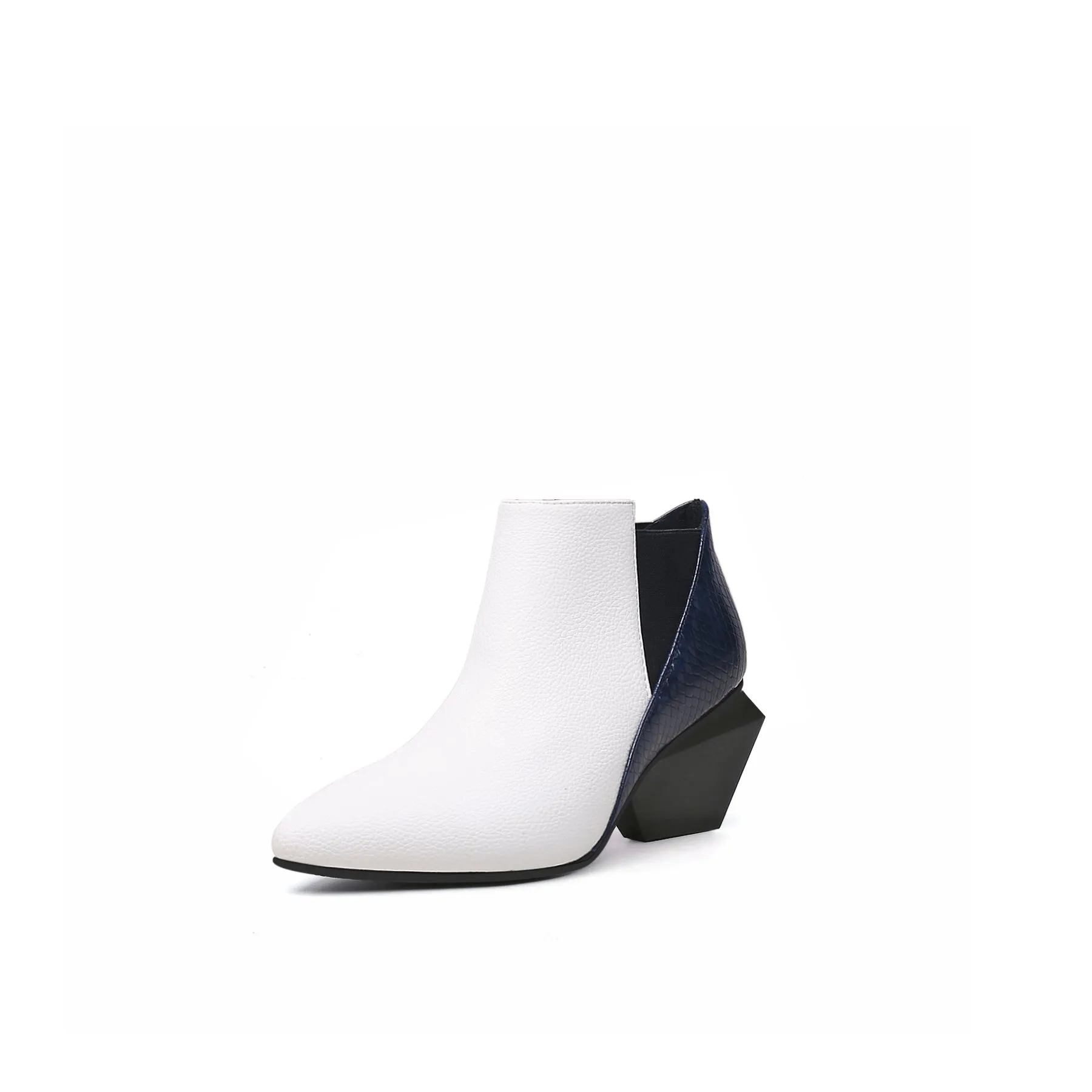Diamond Heel Leather Ankle Bootie - White