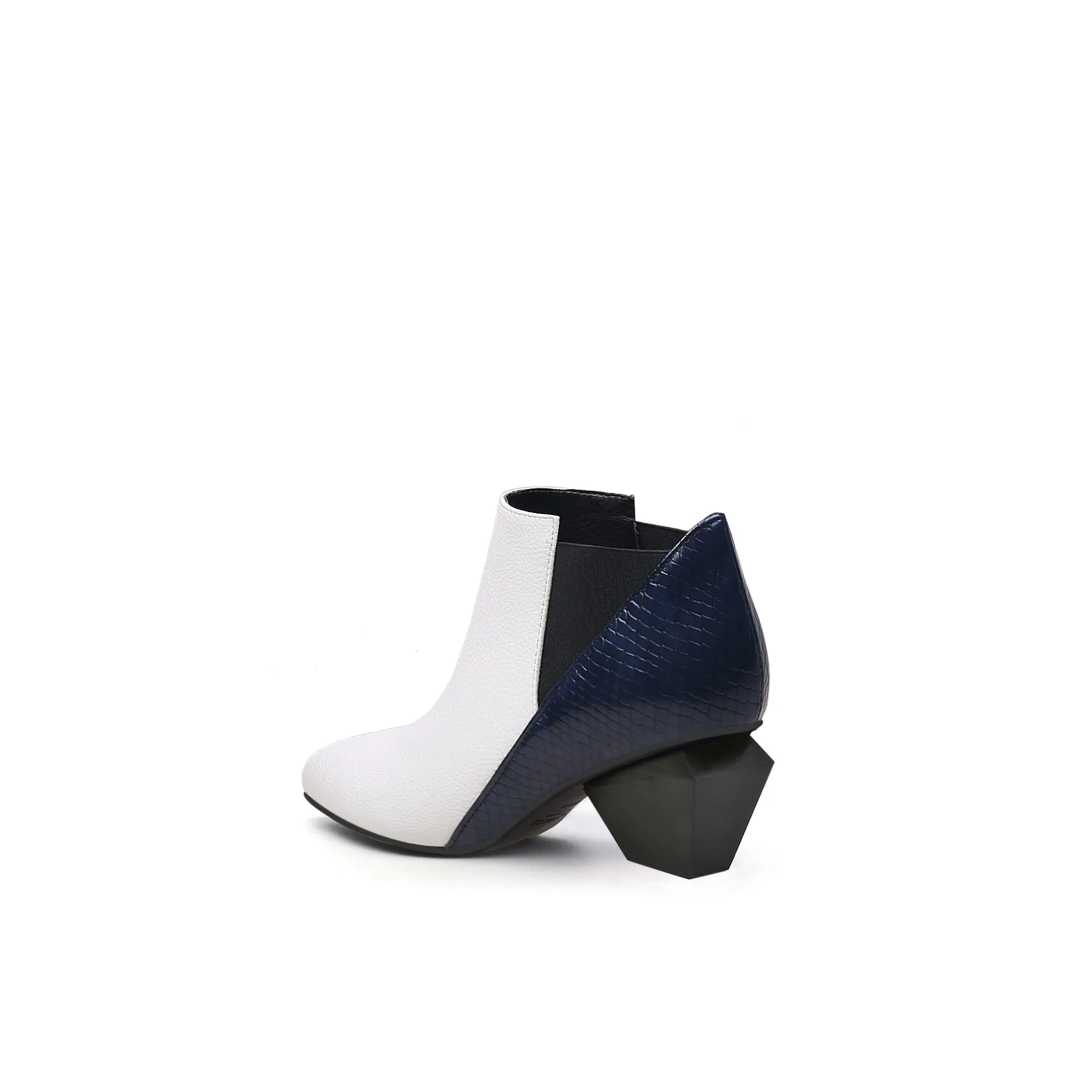 Diamond Heel Leather Ankle Bootie - White