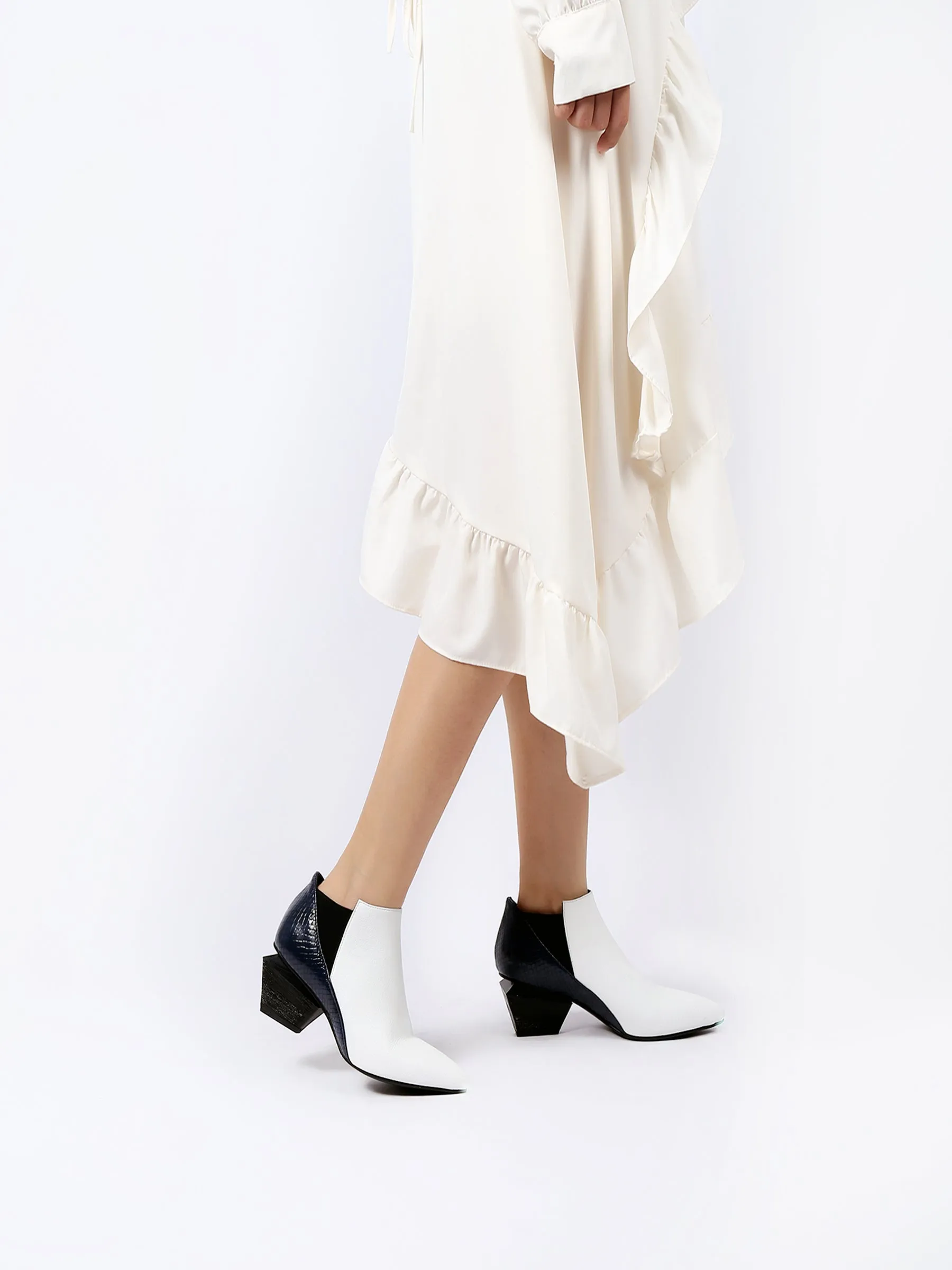 Diamond Heel Leather Ankle Bootie - White