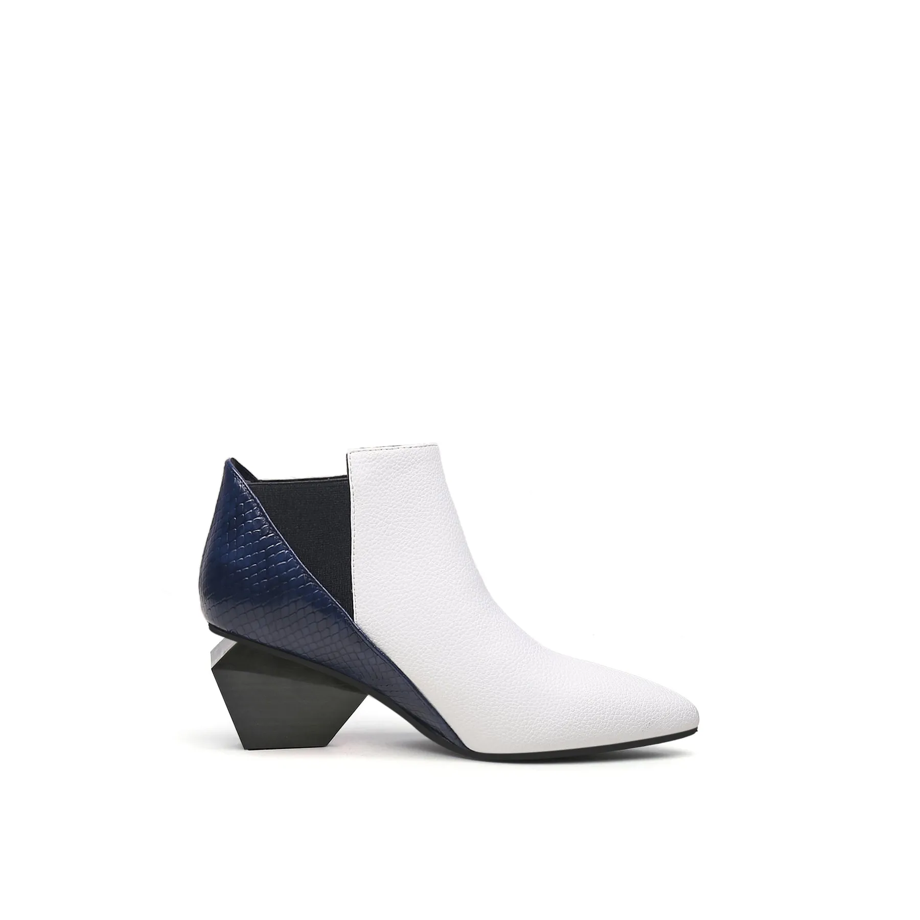 Diamond Heel Leather Ankle Bootie - White