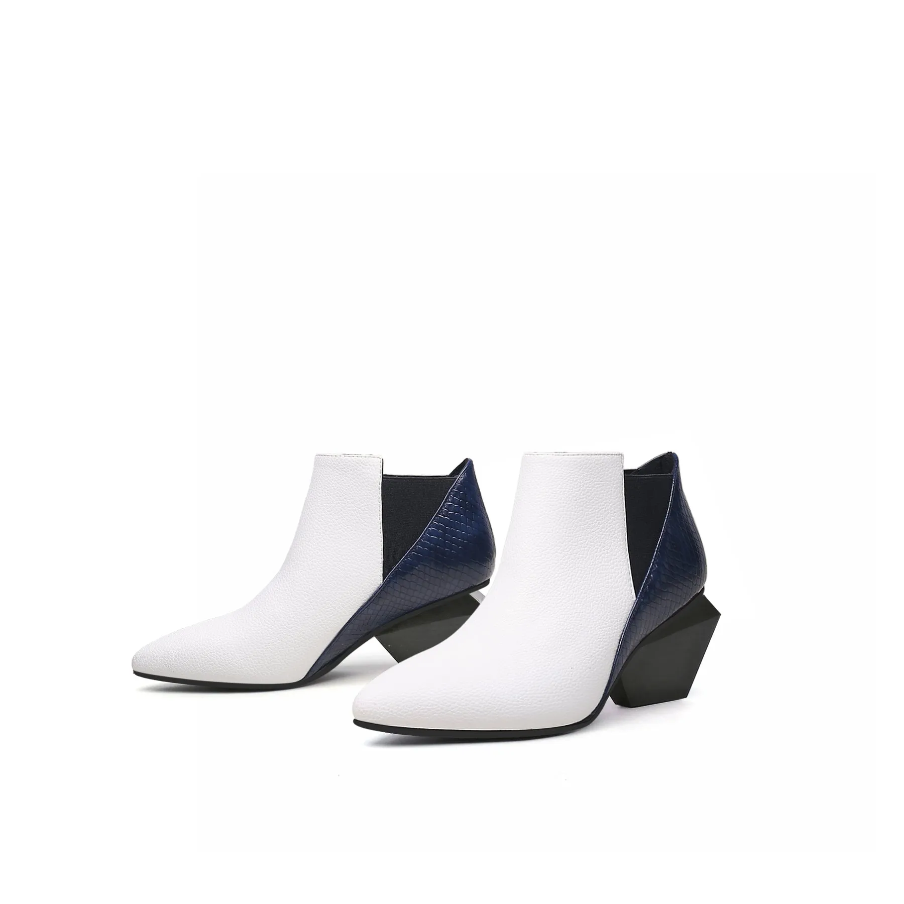 Diamond Heel Leather Ankle Bootie - White