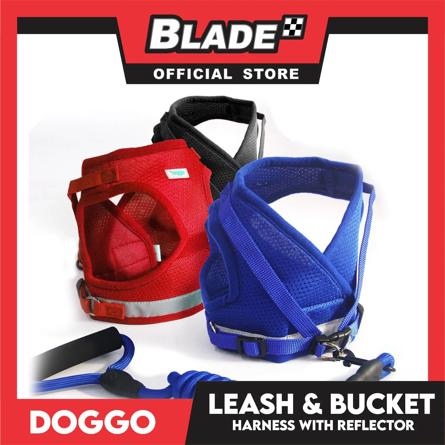 Doggo Leash and Bucket Harness with Reflector Medium (Black) Perfect Set for Your Dog