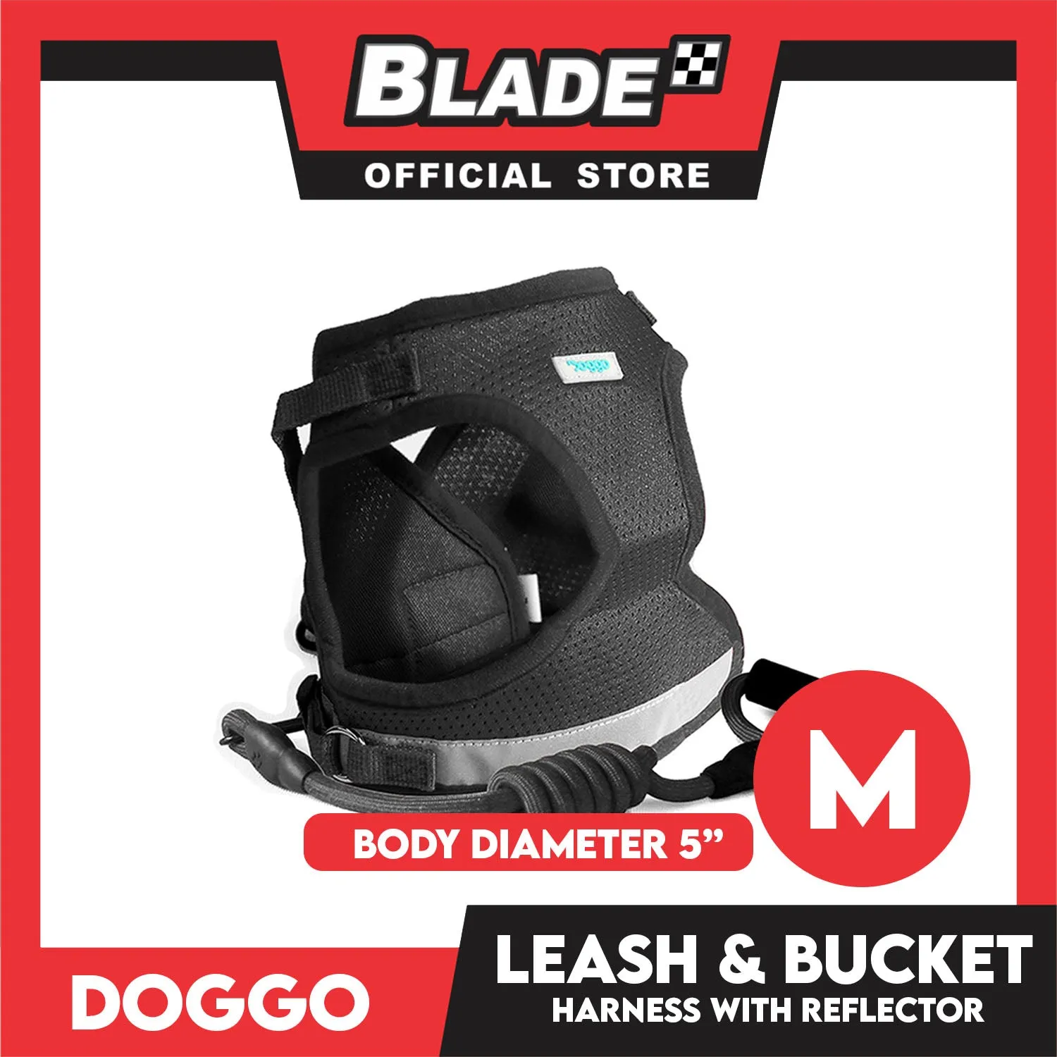 Doggo Leash and Bucket Harness with Reflector Medium (Black) Perfect Set for Your Dog
