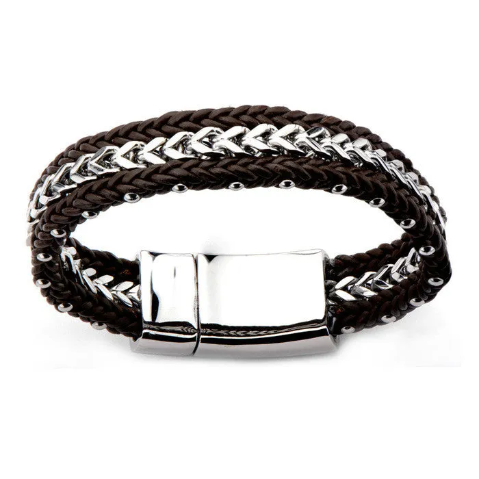 Double Braided Brown Leather Bracelet w/ Steel Franco Chain