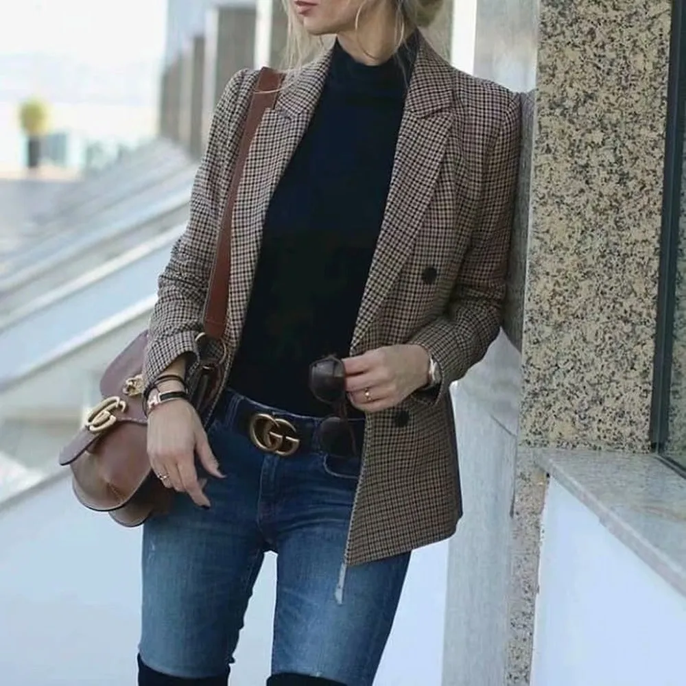 Double-breasted Houndstooth Suit Coat Cardigan Blazers