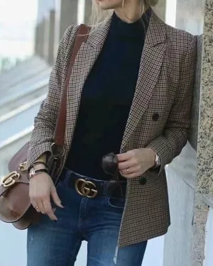 Double-breasted Houndstooth Suit Coat Cardigan Blazers