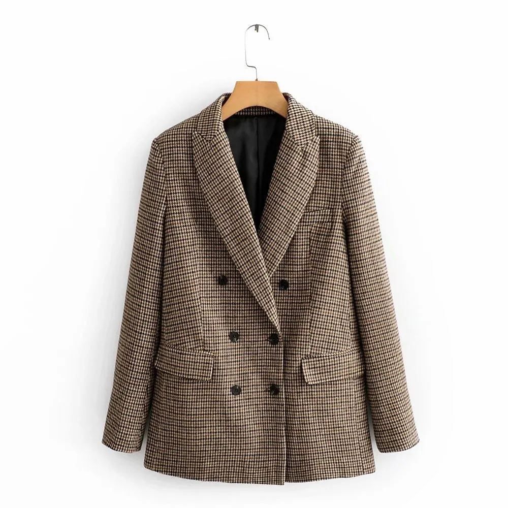 Double-breasted Houndstooth Suit Coat Cardigan Blazers