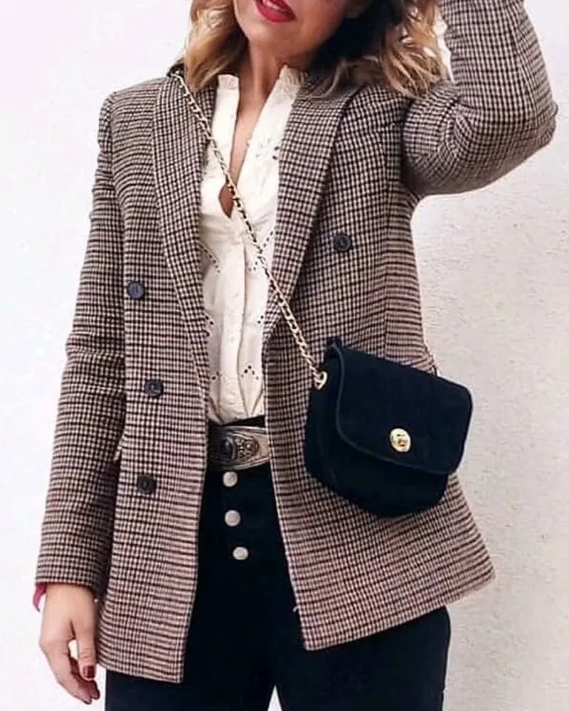 Double-breasted Houndstooth Suit Coat Cardigan Blazers