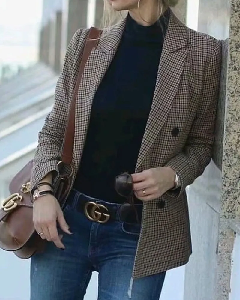 Double-breasted Houndstooth Suit Coat Cardigan Blazers