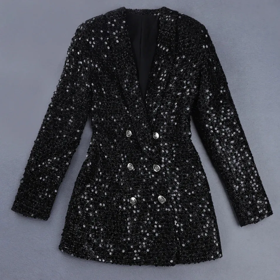 Double Lion Buttons Shawl Collar Glitter Long Runway Black Blazers