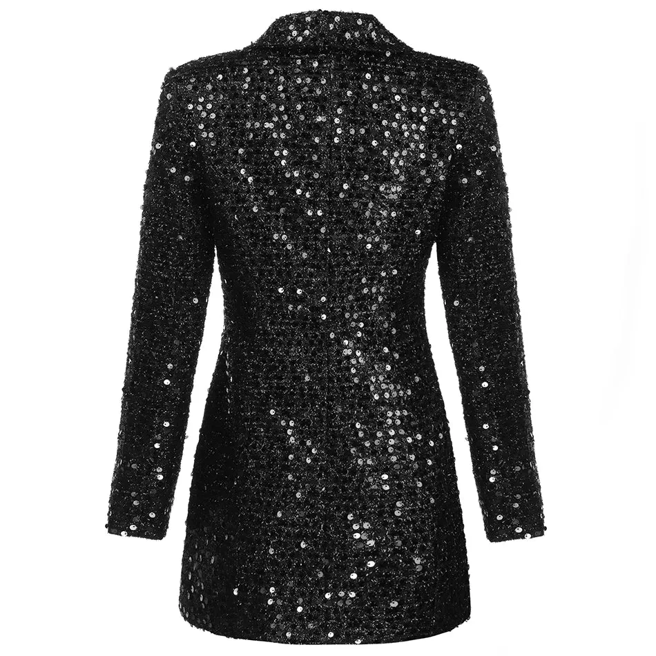 Double Lion Buttons Shawl Collar Glitter Long Runway Black Blazers