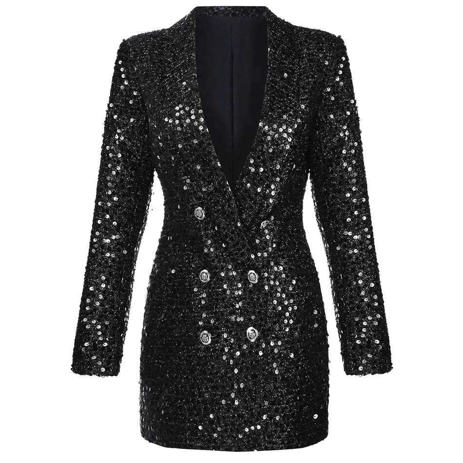 Double Lion Buttons Shawl Collar Glitter Long Runway Black Blazers