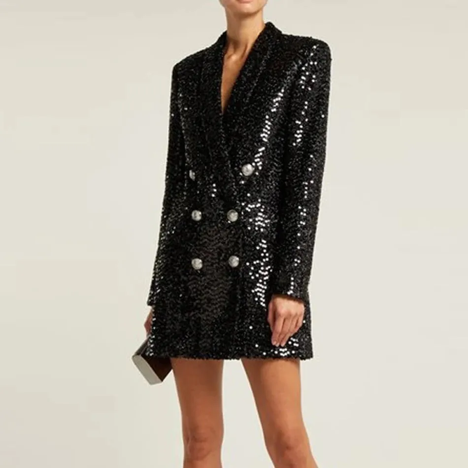 Double Lion Buttons Shawl Collar Glitter Long Runway Black Blazers
