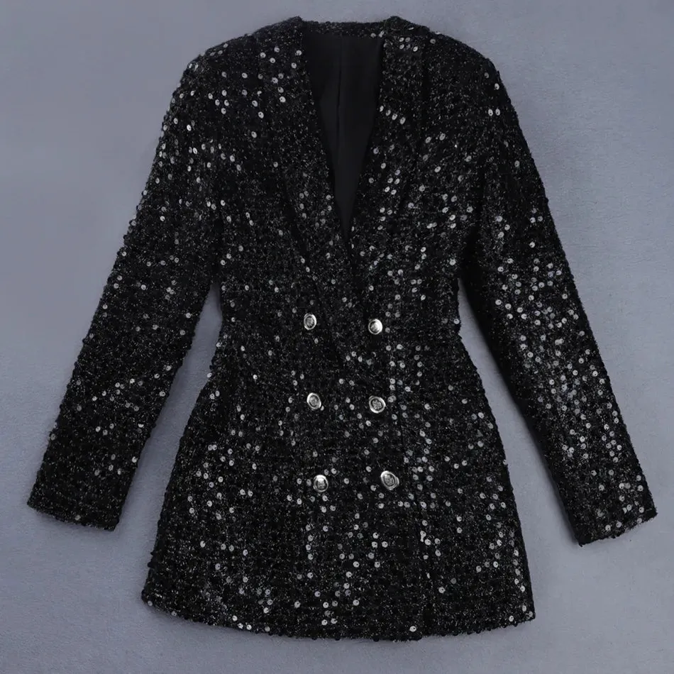 Double Lion Buttons Shawl Collar Glitter Long Runway Black Blazers