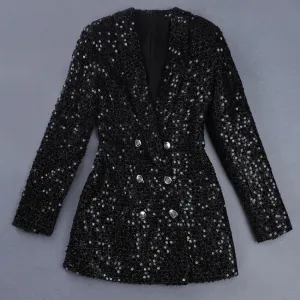 Double Lion Buttons Shawl Collar Glitter Long Runway Black Blazers
