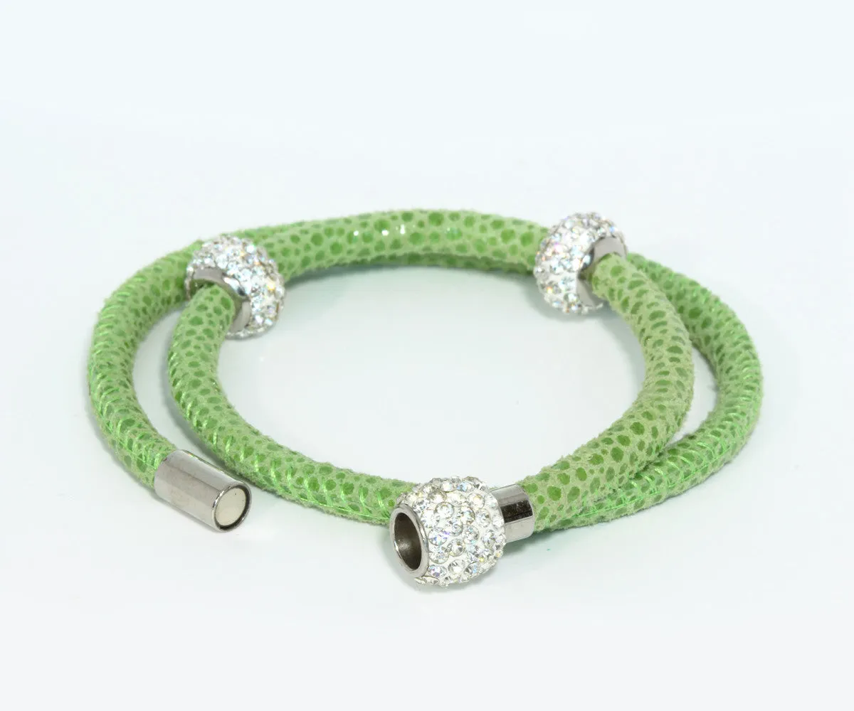 Double Wrap Swarovski Crystals Lime Leather Bracelet