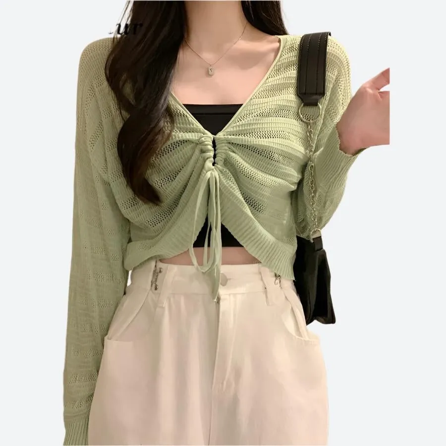 Drawstring Front Knit Crop Cardigans