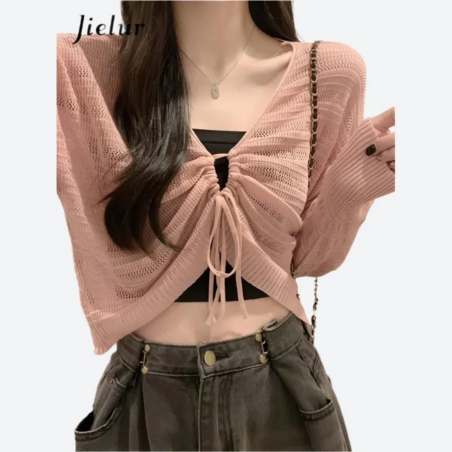 Drawstring Front Knit Crop Cardigans