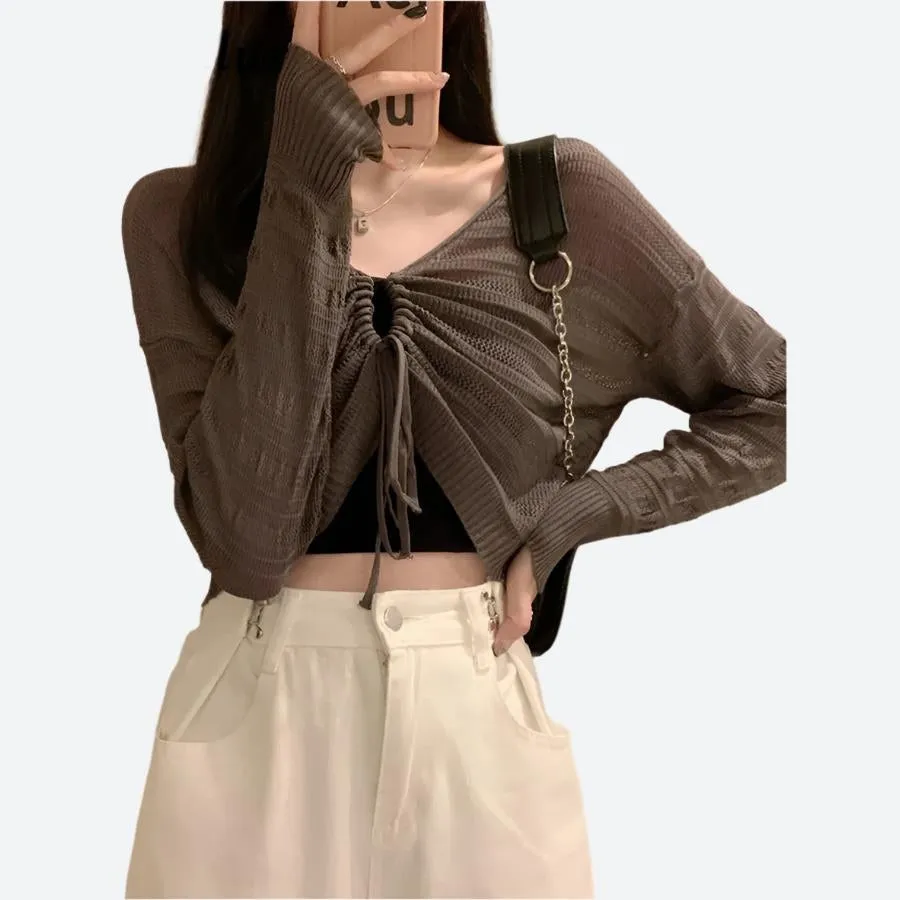Drawstring Front Knit Crop Cardigans