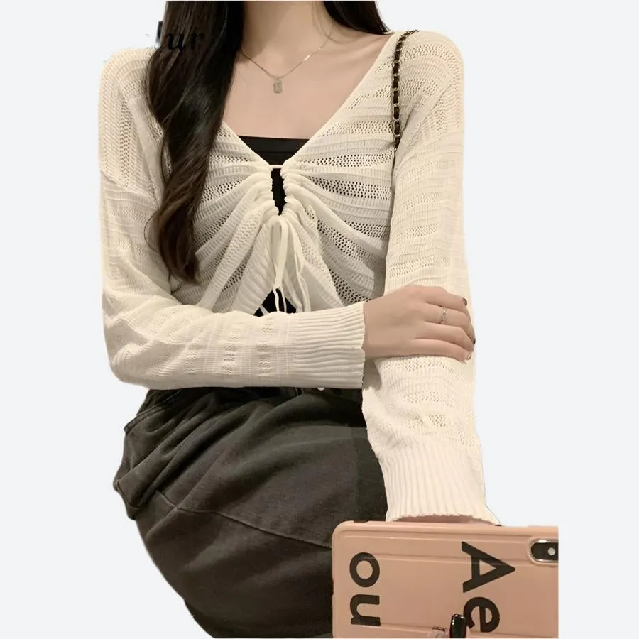 Drawstring Front Knit Crop Cardigans