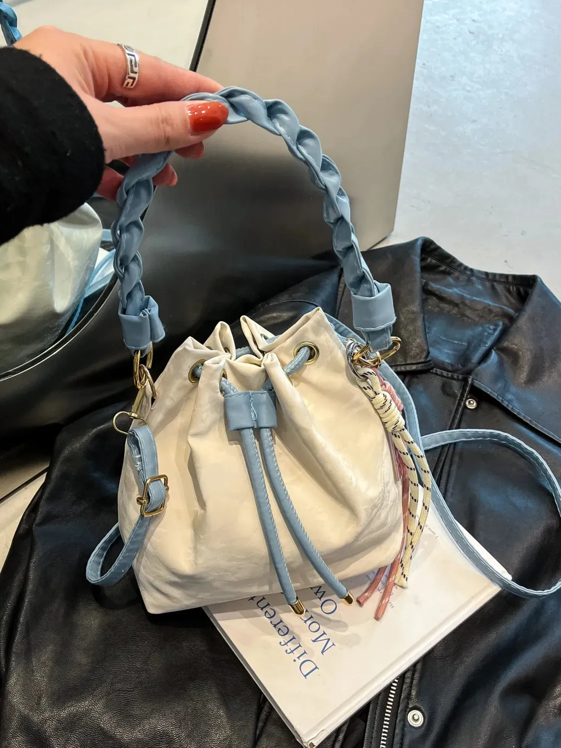 Drawstring PU Leather Bucket Bag