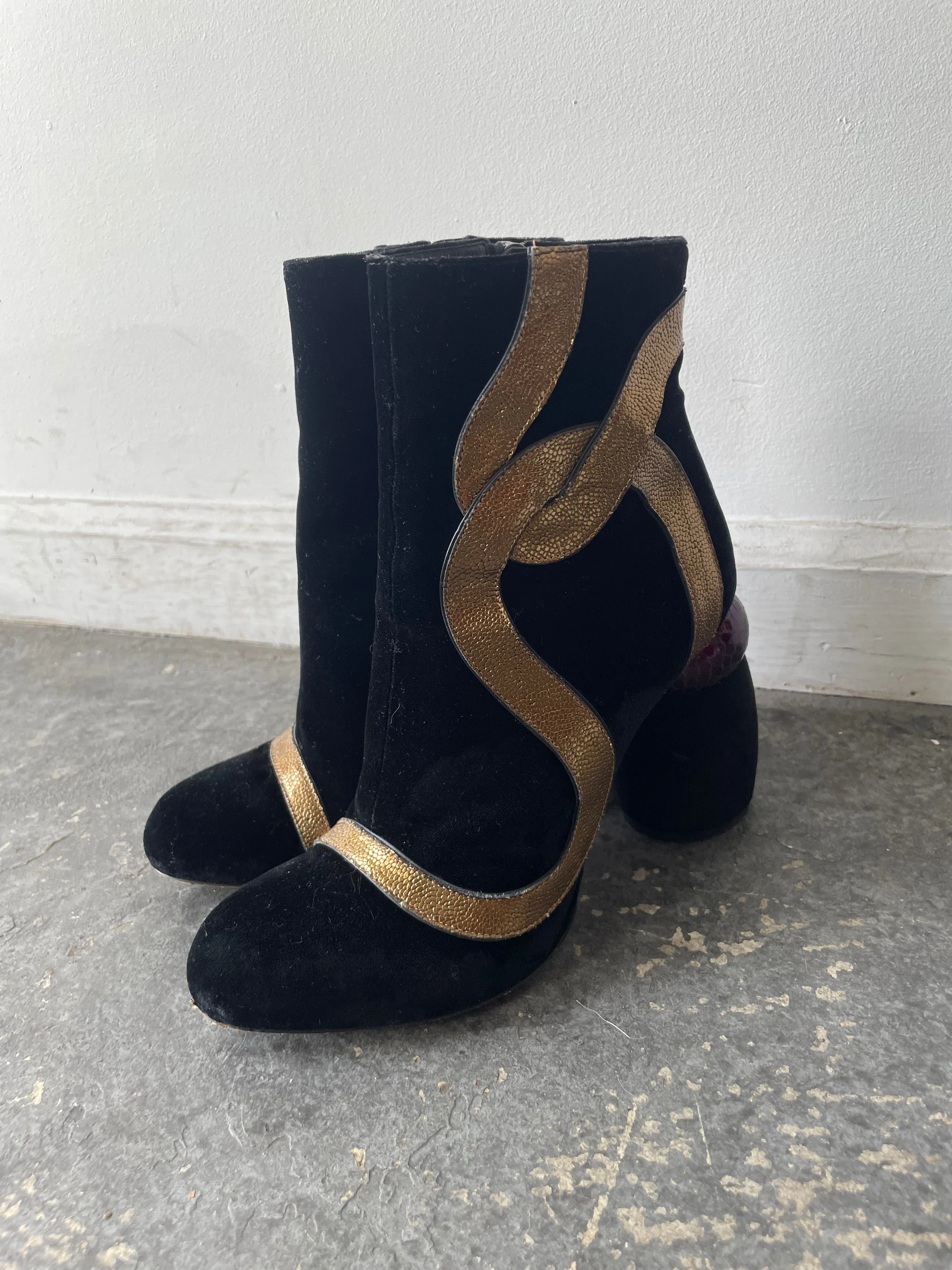 Dries van Noten Black Velvet Gold Horse Hoof Booties