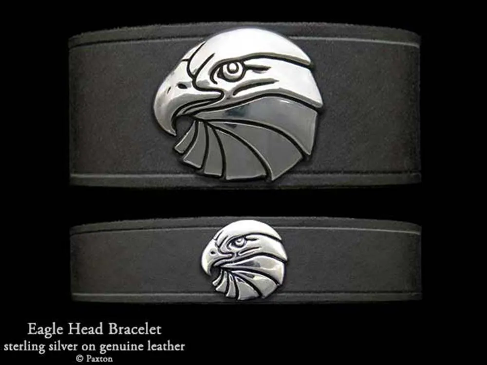 Eagle Head Bracelet Sterling Silver on Genuine Leather